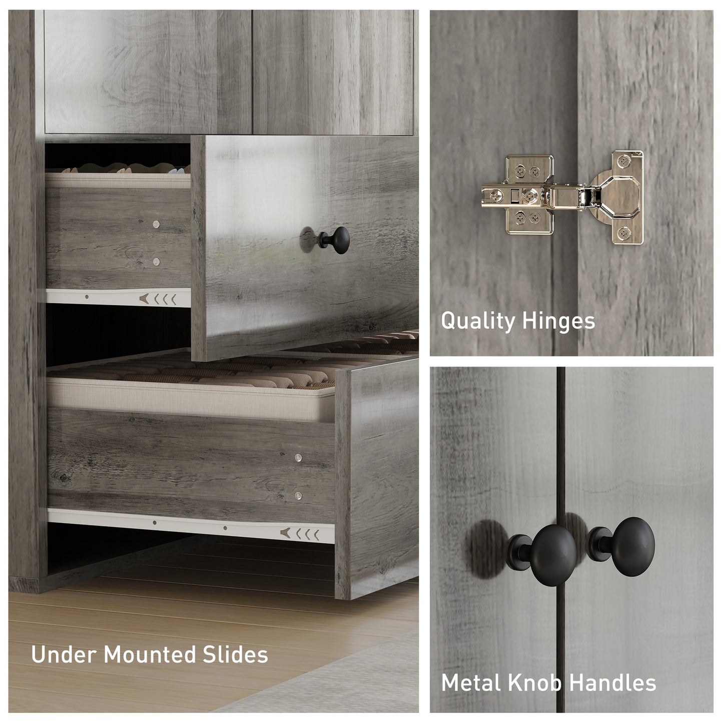 Armoire penderie moderne avec 2 tiroirs et tringle de suspension, gris