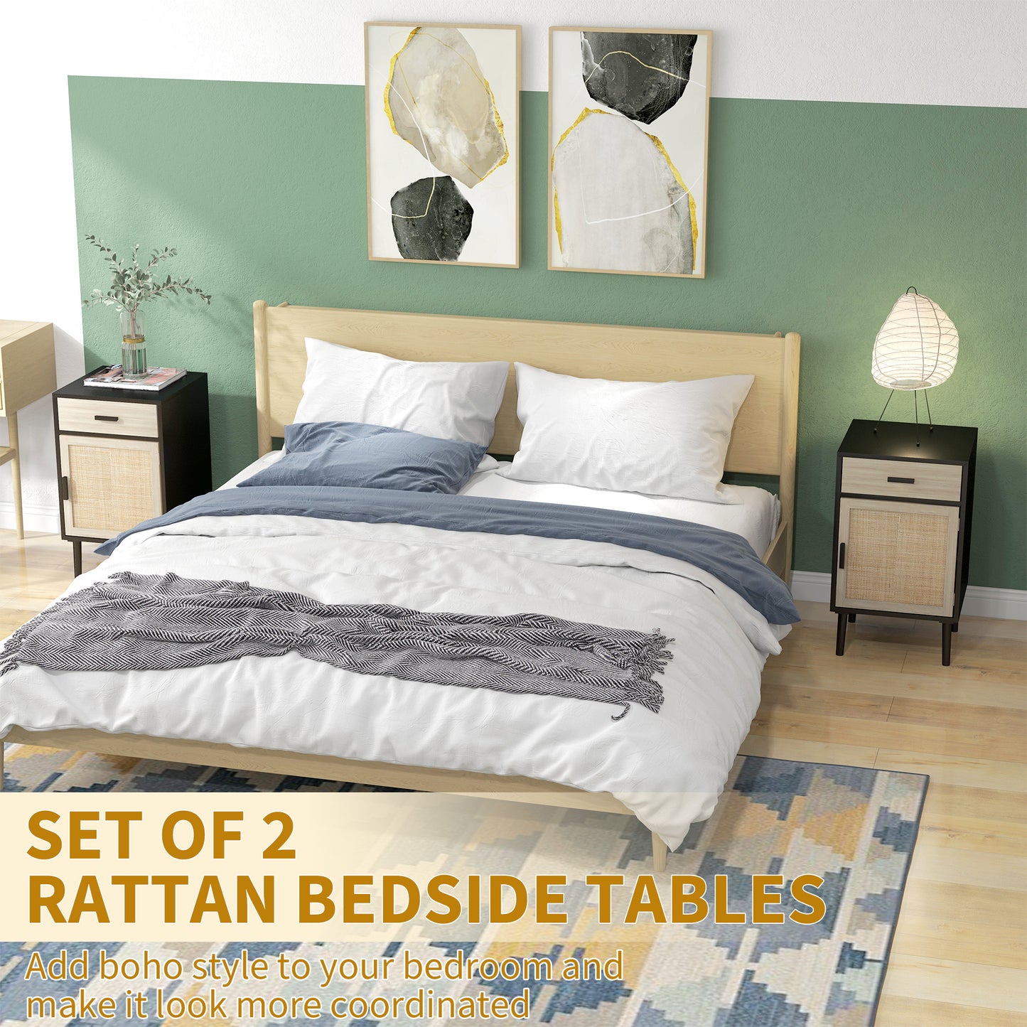 Lot de 2 tables de chevet bohèmes avec tiroir, meuble en rotin, étagère réglable pour chambre et salon, noir