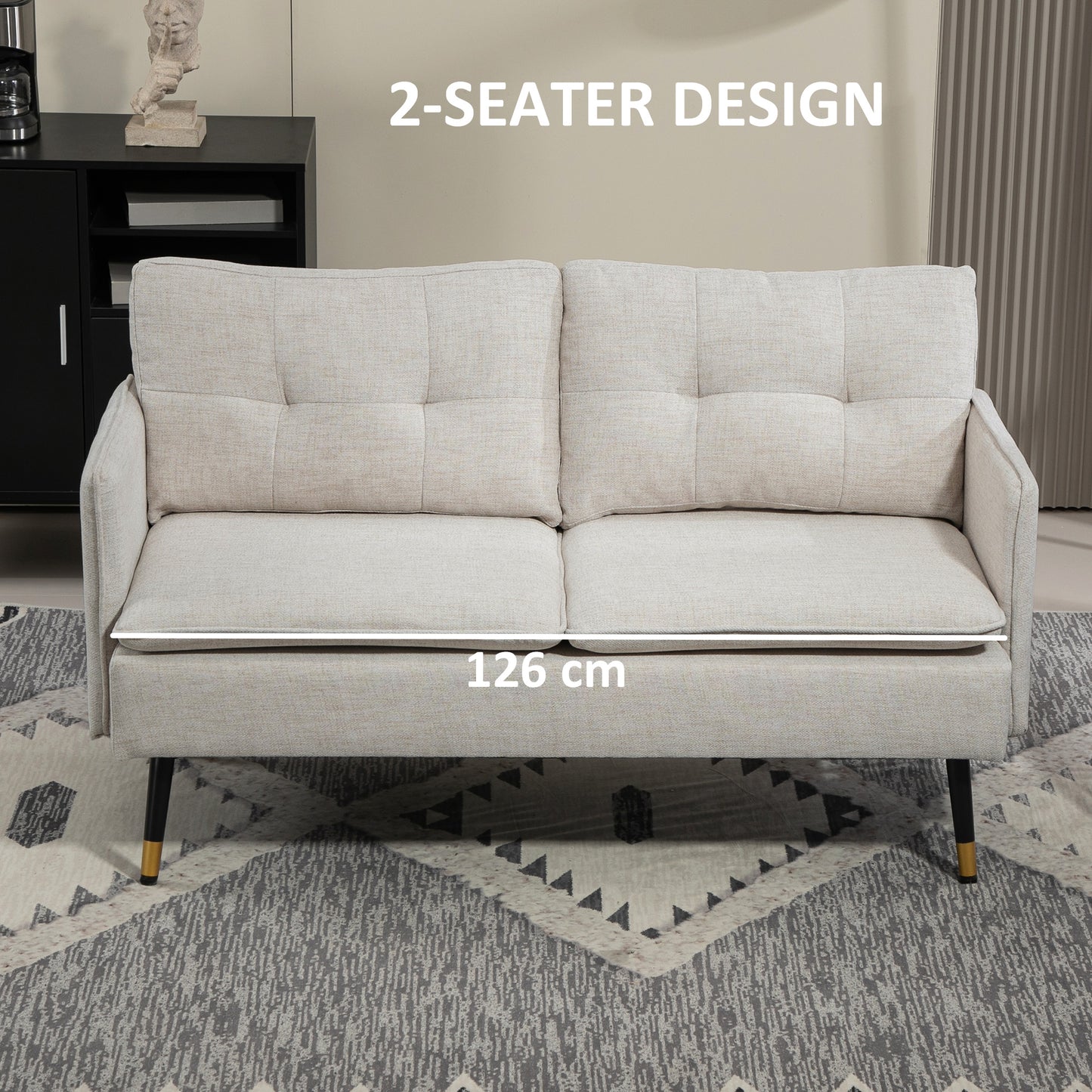 Canapé causeuse moderne 55 pouces en tissu avec dossier capitonné et pieds en acier, pour chambre à coucher et salon, blanc crème