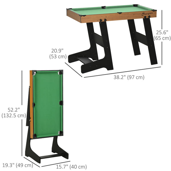Mini foldable pool table with balls, cues, chalk and brush.