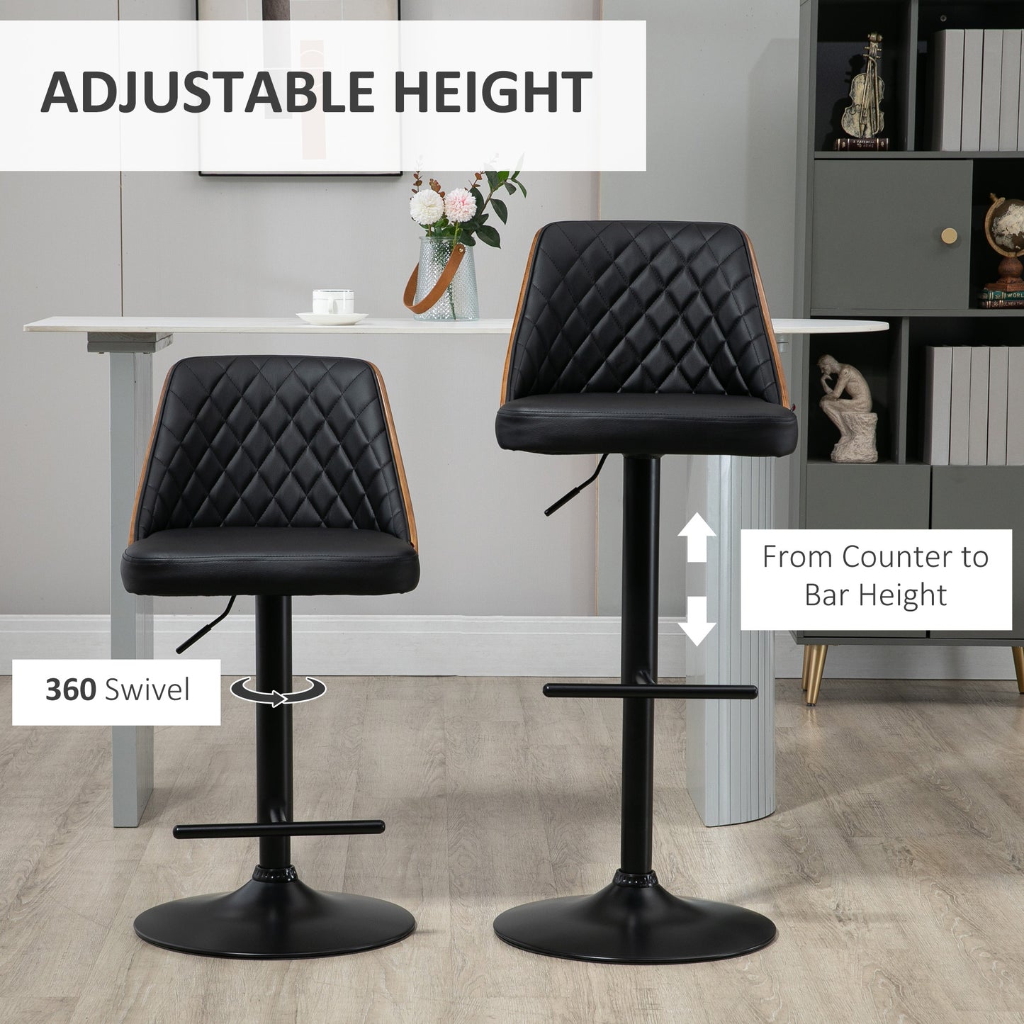 Set of 2 Modern Faux Leather Bar Stools, Swivel and Adjustable, Black