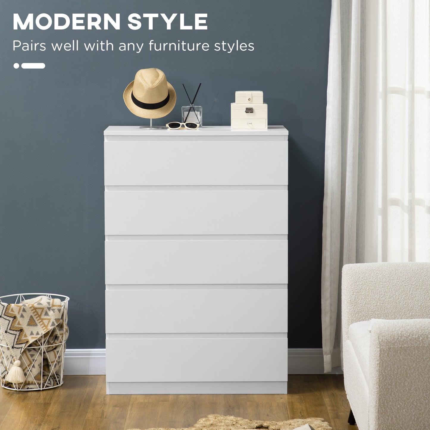 Commode 5 tiroirs pour chambre à coucher avec glissières en alliage de zinc, blanc