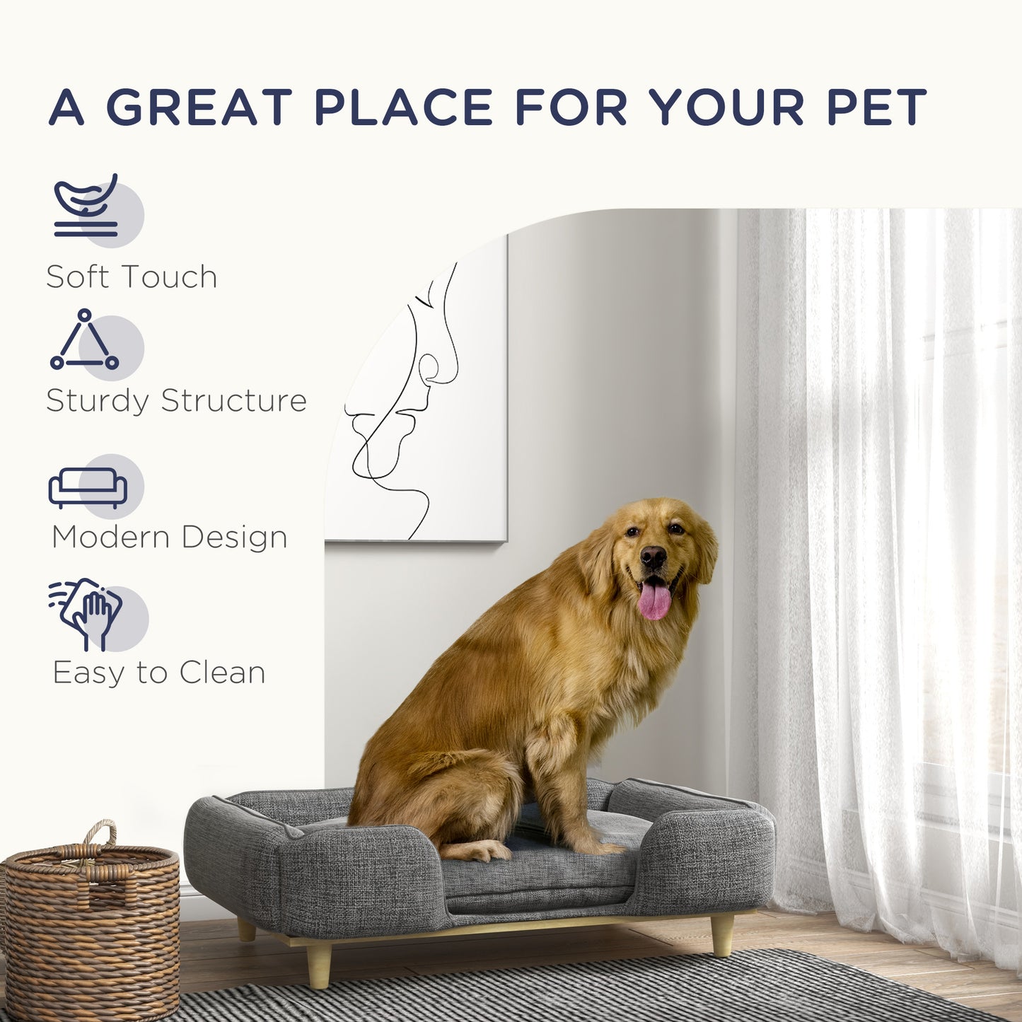 Canapé surélevé lavable pour grands chiens avec coussinets antidérapants, gris foncé