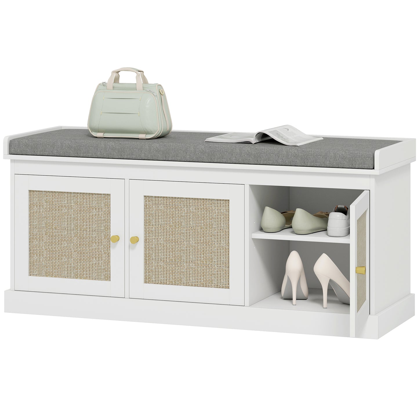 Bbanc d'entrée avec portes en rotin tressé et coussin, étagères réglables, blanc