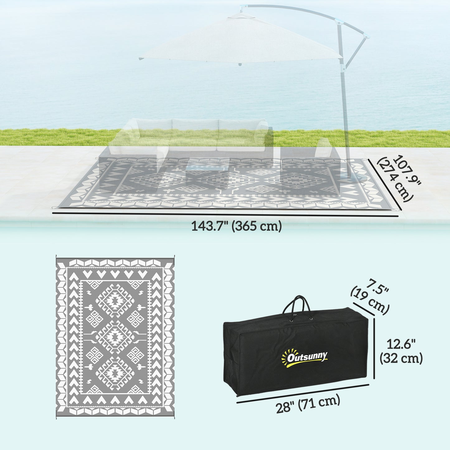 9' x 12' Outdoor RV Mat, Reversible Floor Mat with Carry Bag, Diamond Patchwork Pattern, Gray and White