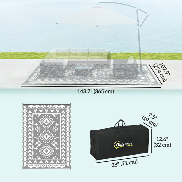 Tapis d'extérieur 9' x 12' pour camping-car, tapis de sol réversible avec sac de transport, motif patchwork losanges, gris et blanc