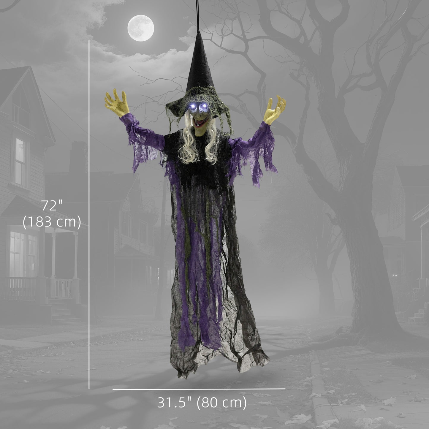 Sorcière animée grandeur nature à suspendre pour Halloween avec yeux LED lumineux,