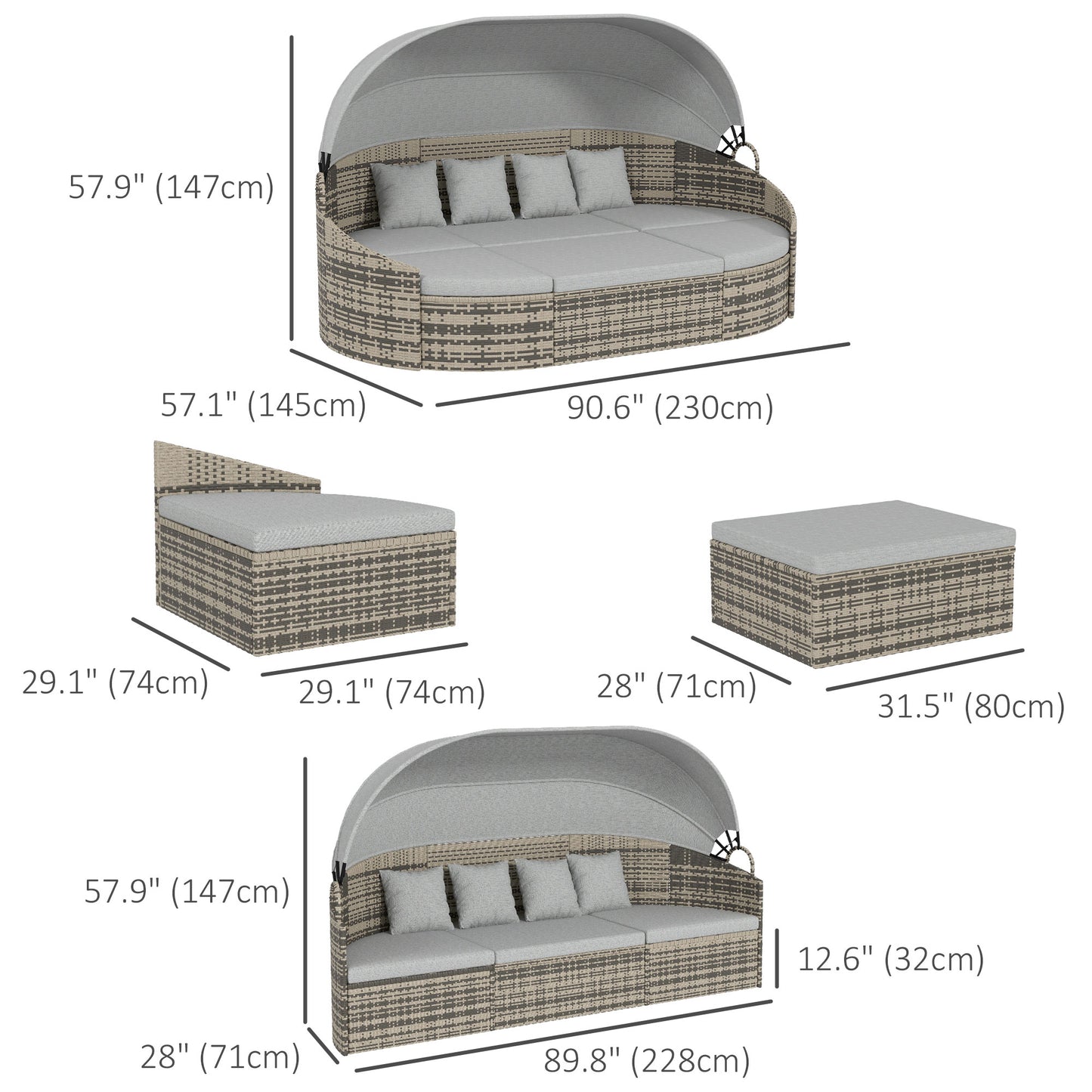 Set of 4 Round PE Wicker Patio Chaise Lounge Daybed, Light Grey