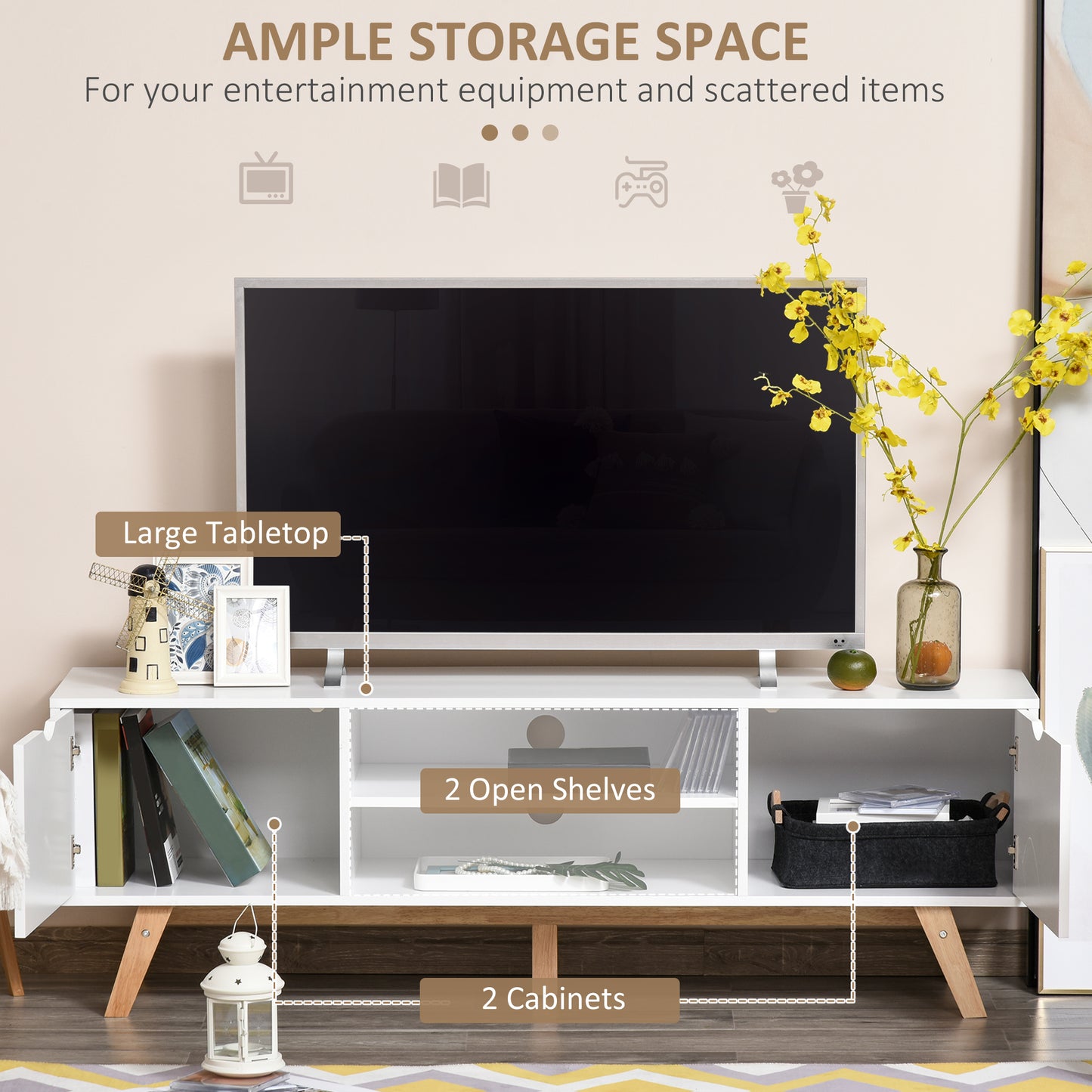 Meuble TV moderne en bois avec 2 tiroirs de rangement pour téléviseurs jusqu'à 65 pouces, blanc