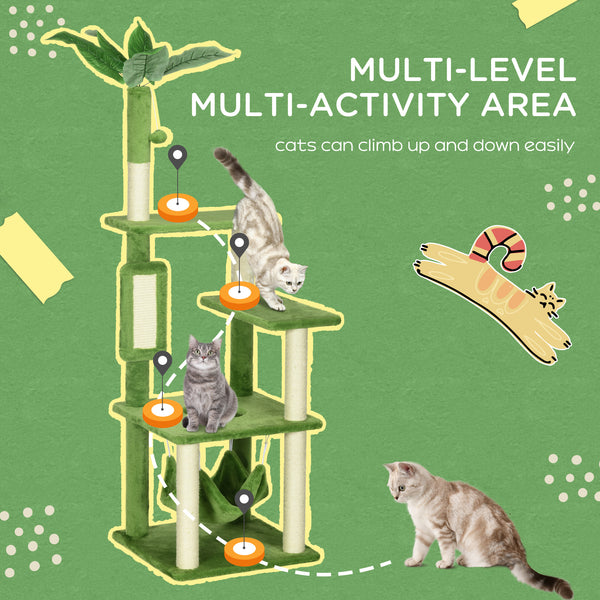 56" Cat Tree with Hammock, Scratching Post, Platforms, Play Ball, Green