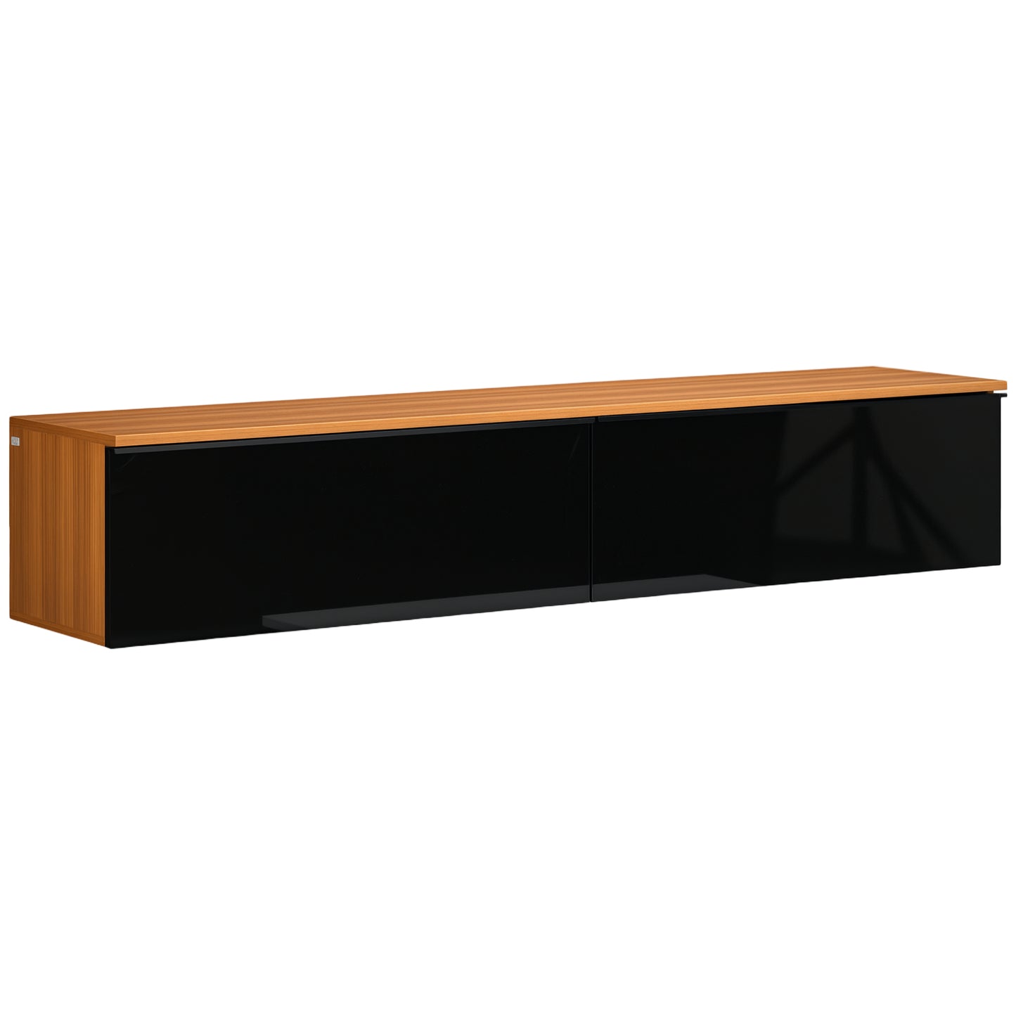 Meuble TV flottant pour téléviseurs jusqu'à 70 pouces avec rangement, effet brillant, marron et noir