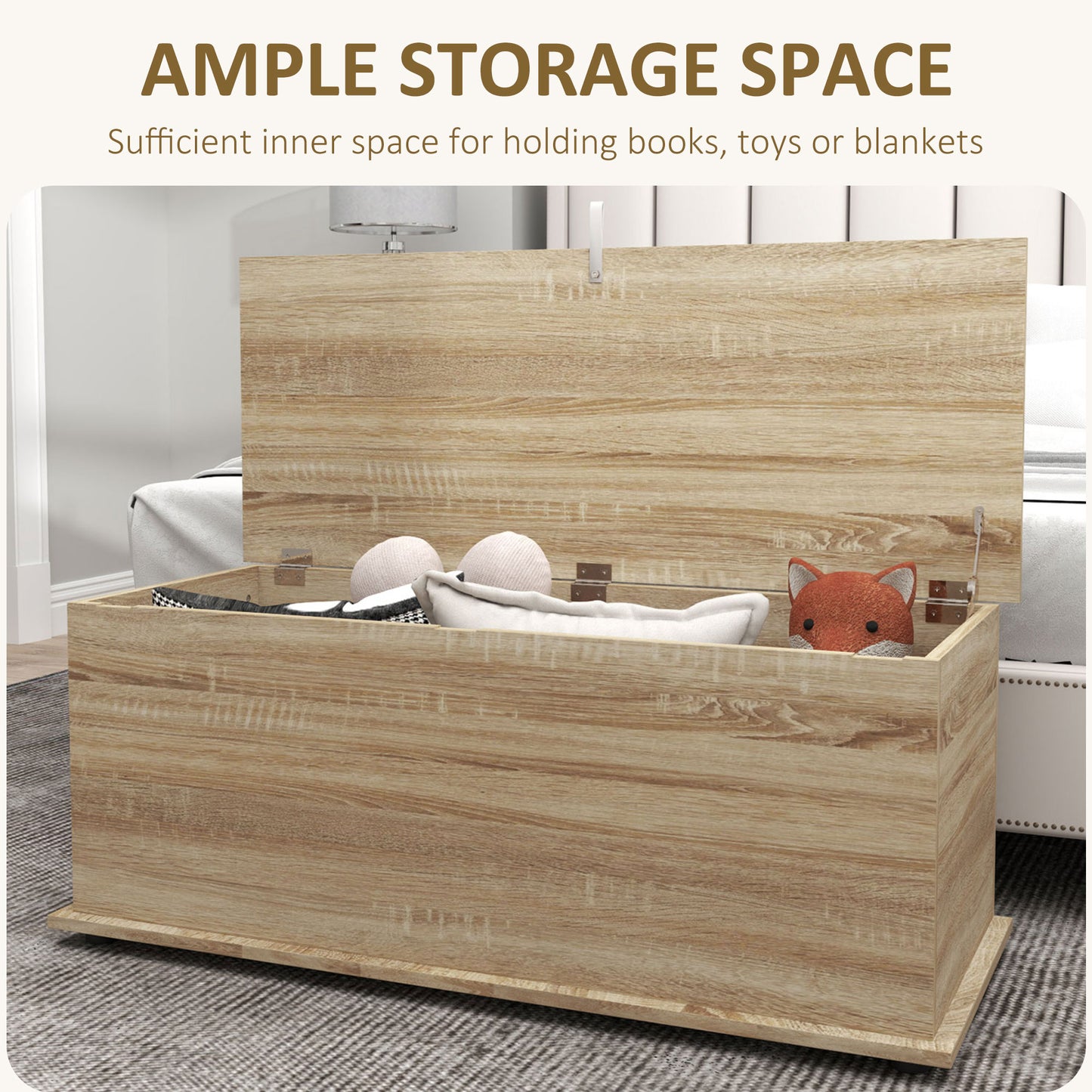 Coffre de rangement avec 2 charnières de sécurité et couvercle rabattable, banc de rangement d'entrée, chêne