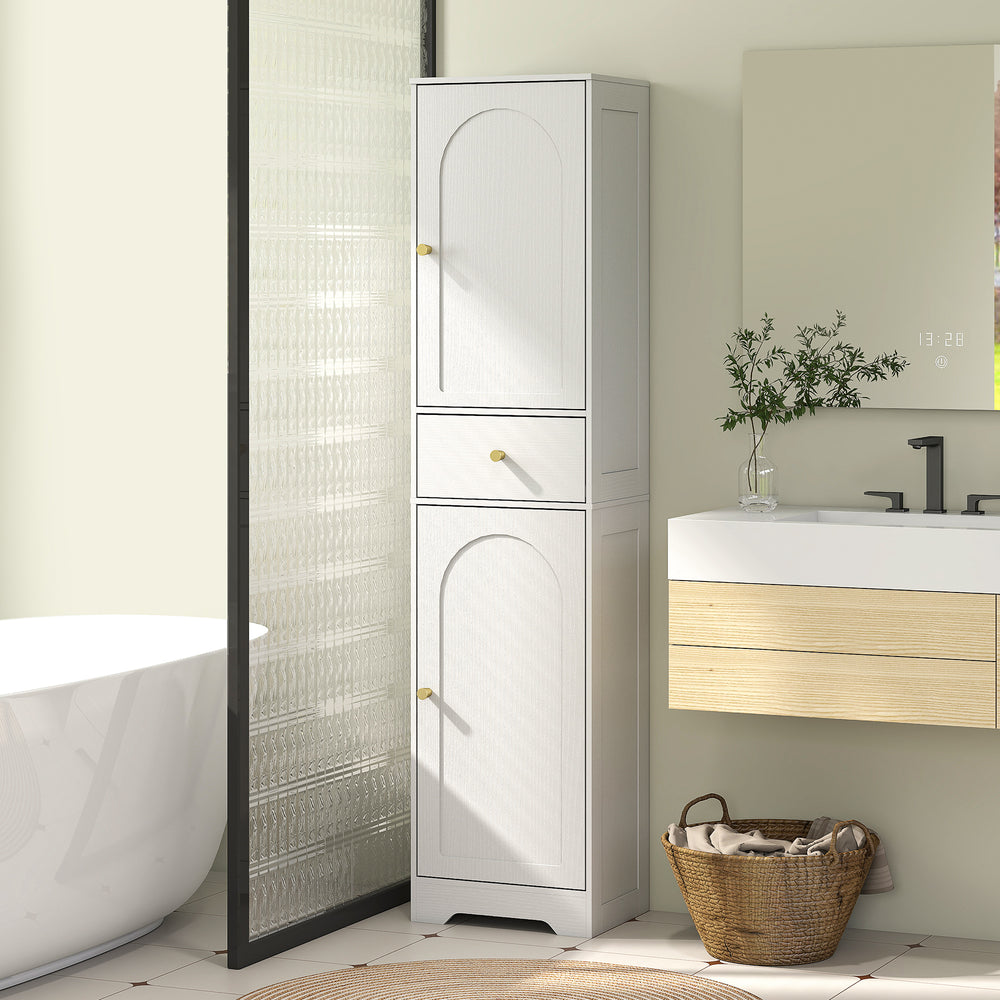 Meuble de rangement fin avec 2 portes, tiroir et étagère réglable, aspect bois blanc