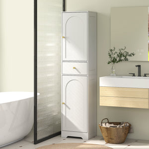 Meuble de rangement fin avec 2 portes, tiroir et étagère réglable, aspect bois blanc