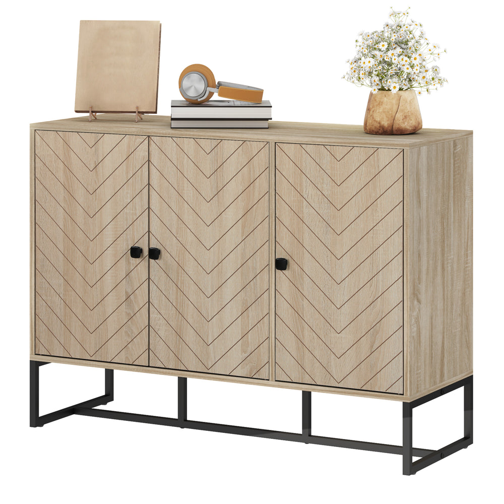Buffet moderne avec étagères réglables, 3 portes à chevrons pour salon, couloir, grain de bois de chêne