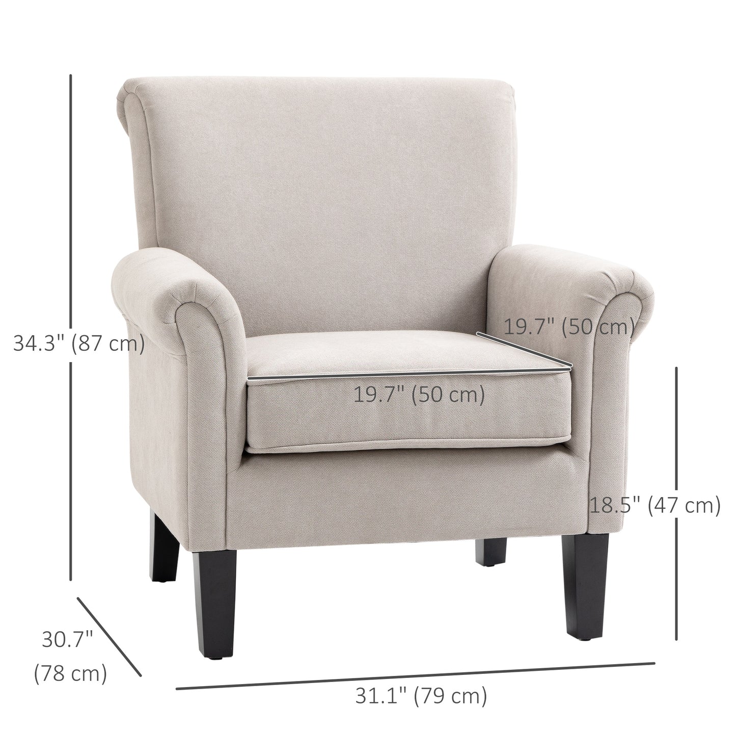 Fauteuil d'appoint rembourré avec tissu doux au toucher velours, accoudoirs roulés, gris