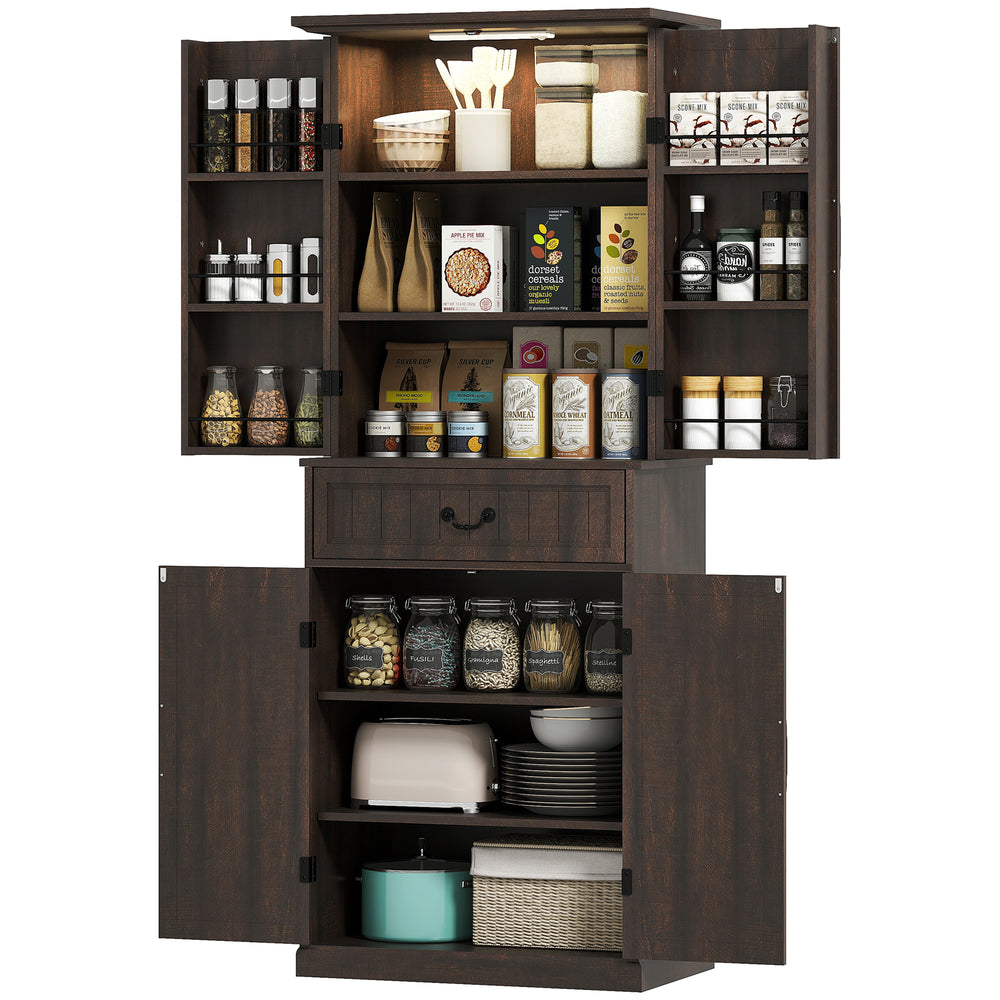 Meuble de rangement style campagnard avec étagères de porte et LED, marron vieilli