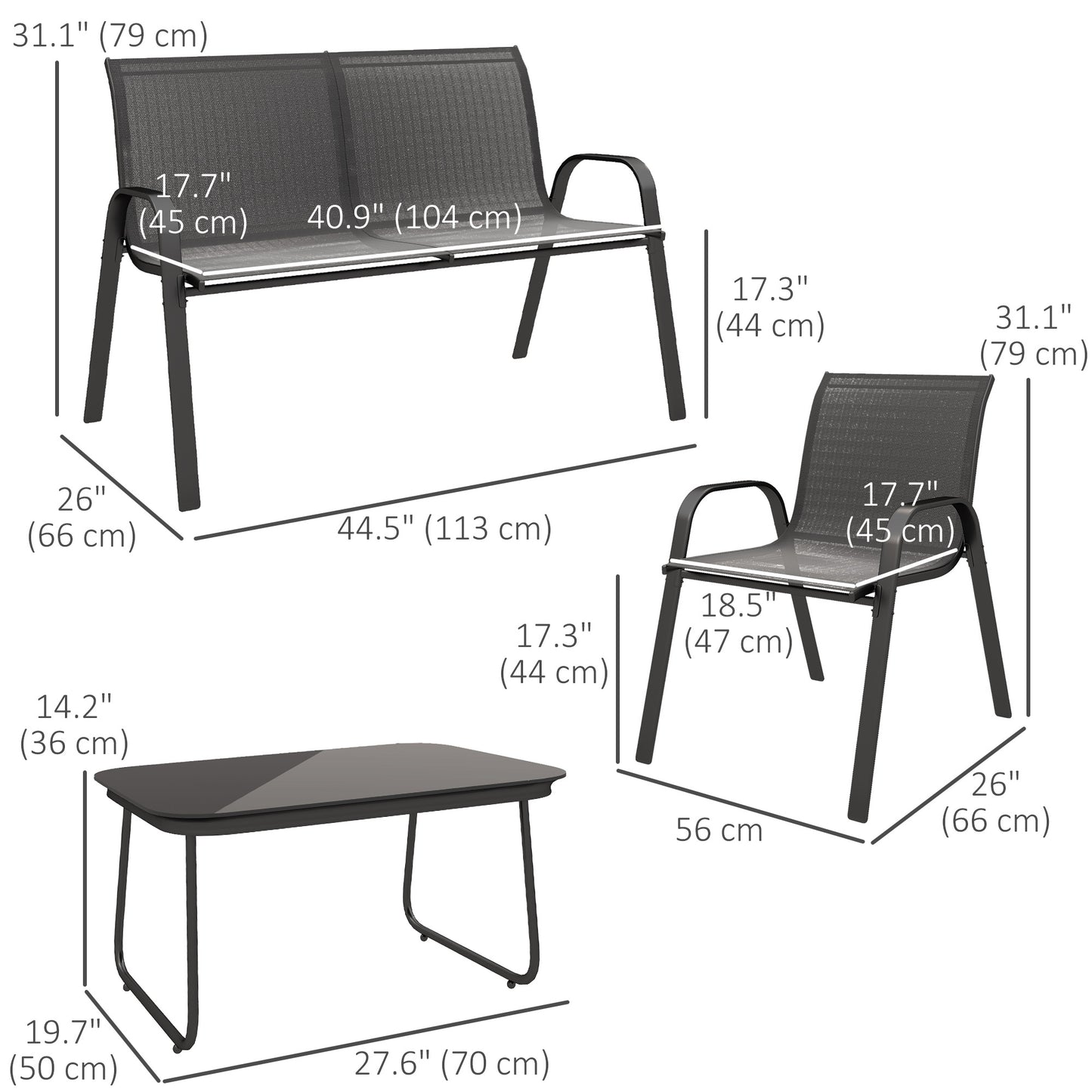 Outsunny 4 Piece Outdoor Furniture Set with 2 Stacking Chairs, 1 Loveseat, 1 Patio Lounge Set and 1 Glass Coffee Table, Black