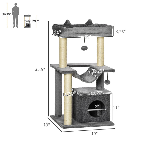 39.25" Multi-Level Cat Tree with Scratching Post, Hammock, Bed, Ball, Toy - Grey