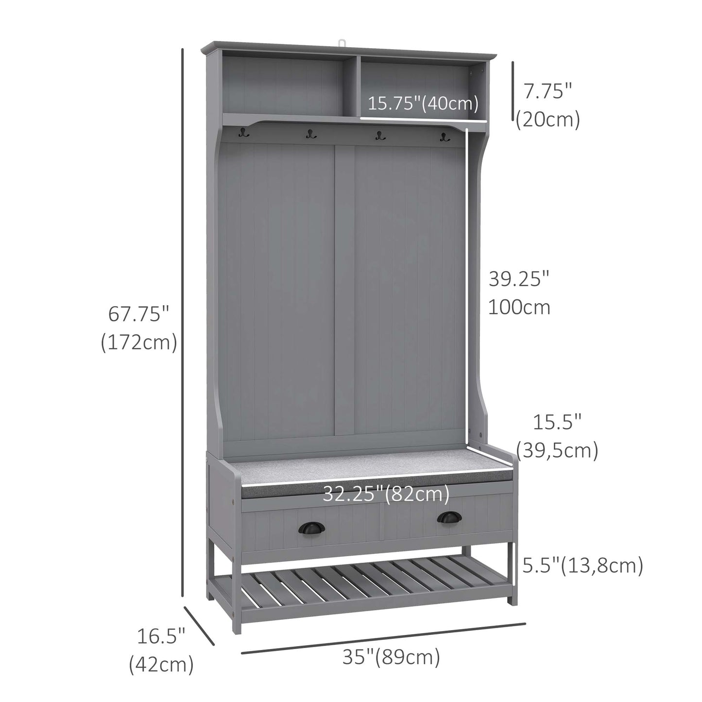 HOMCOM Shoe Bench and Coat Rack, Hallway Furniture with Bench and Shoe Storage, Hallway Bench with 4 Hooks, 2 Drawers, 2 Shelves, Grey