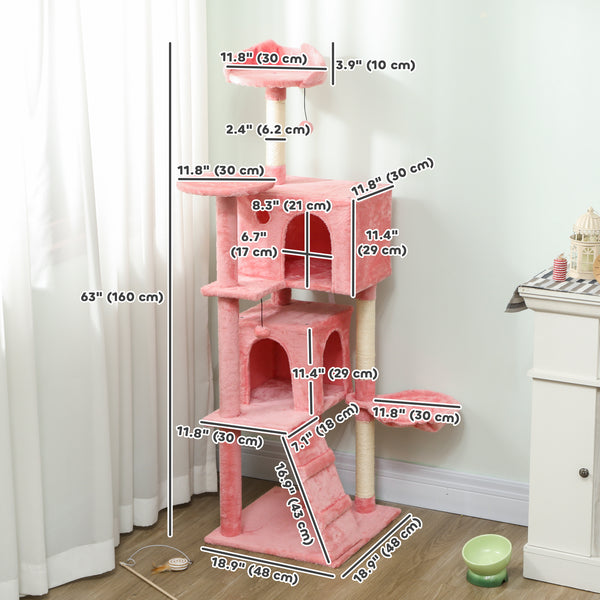 Arbre à chat de 160 cm avec griffoirs en sisal, cabanes, perchoirs en peluche, hamac, rose