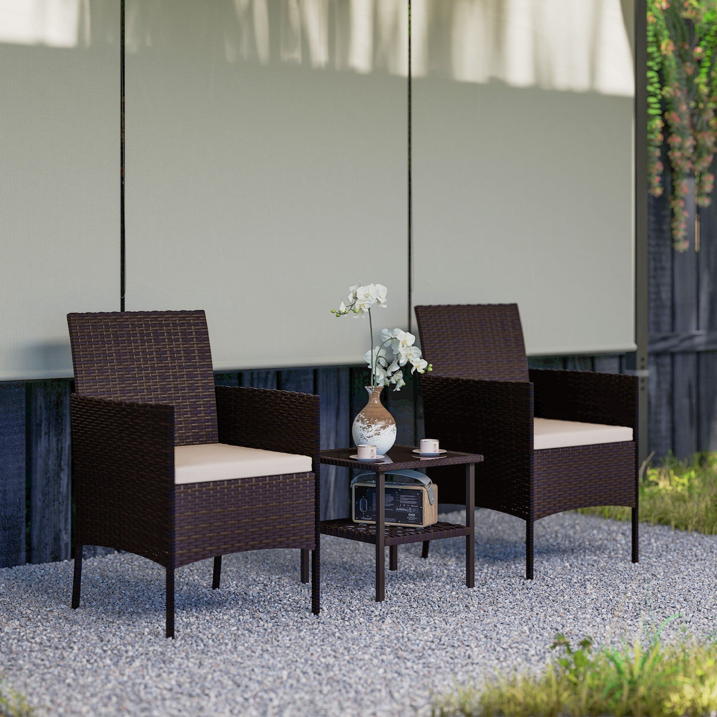 Ensemble bistrot Outsunny en osier, ensemble de 3 meubles de jardin avec table à deux niveaux en verre et coussins pour balcon et véranda, beige
