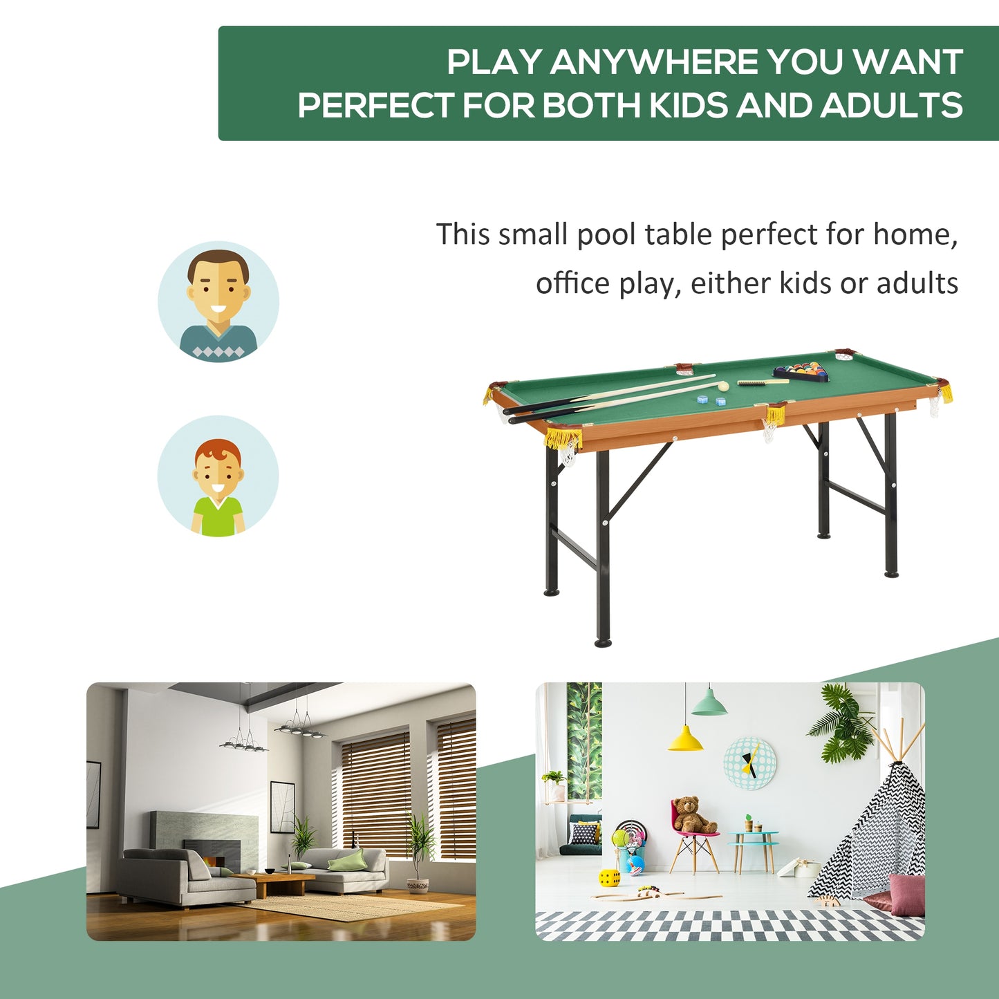 Mini table de billard portable 54,3" L avec queues, boule, craie et support pour enfants