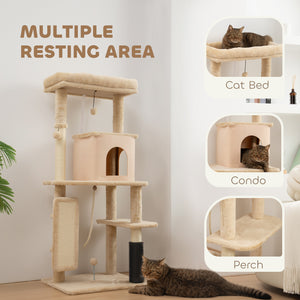 Arbre à chat de 132 cm avec griffoirs, panier, niche et brosse de toilettage, beige