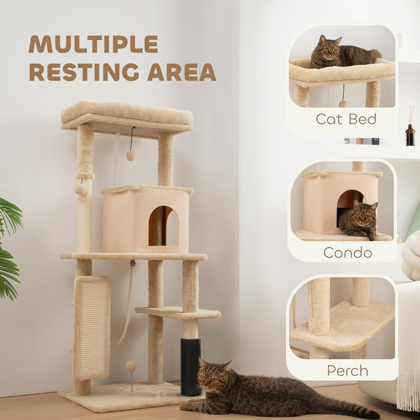 Arbre à chat de 132 cm avec griffoirs, panier, niche et brosse de toilettage, beige