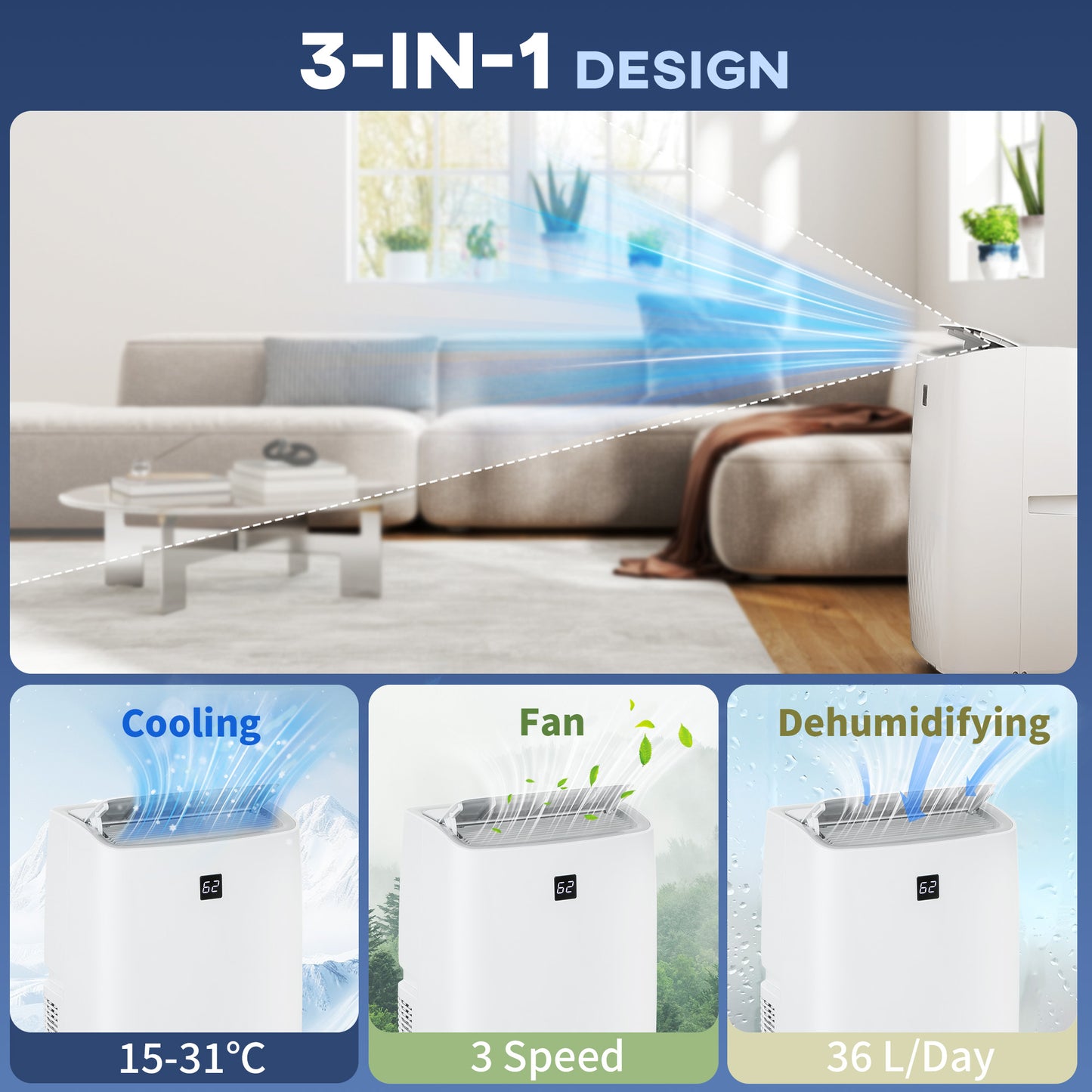 Climatiseur portatif de 14 000 BTU, climatisation avec refroidissement, déshumidificateur, ventilateur