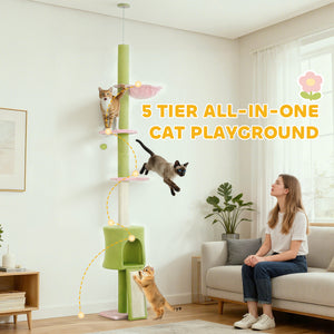Arbre à chat de 221 à 241 cm, du sol au plafond, avec griffoir, condo et hamac, vert