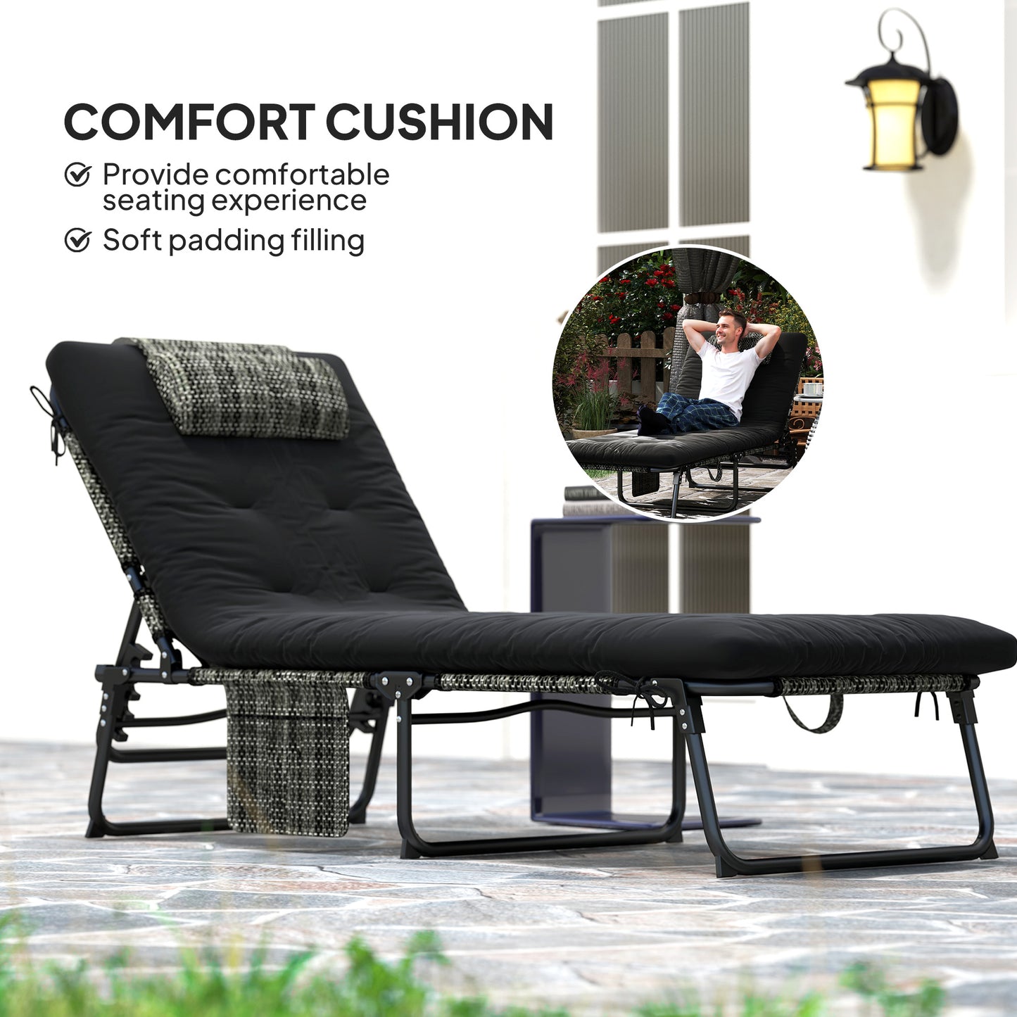 Outsunny Folding Lounge Chair with 4-level Reclining Back & Cushion, Black |