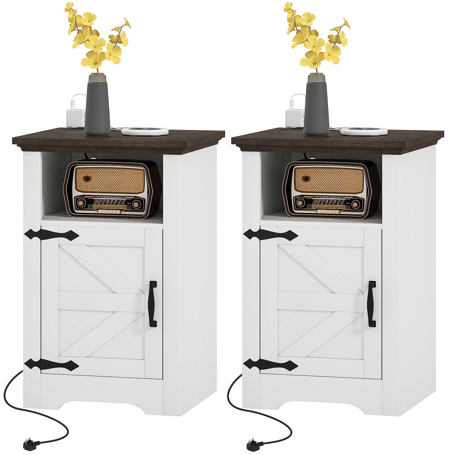 HOMCOM Set of 2 Side Tables, Night Stands with Charging Outlets, White |