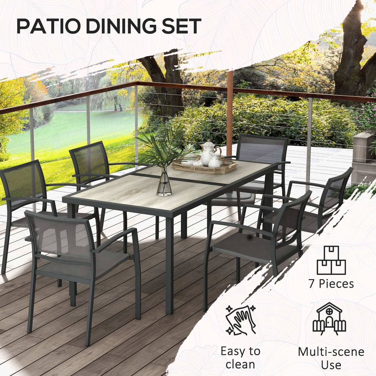 Outsunny 7 Piece Outdoor Dining Set with 6 Stackable Chairs, Patio Table and Chairs with Plastic Top and Breathable Mesh Backrest