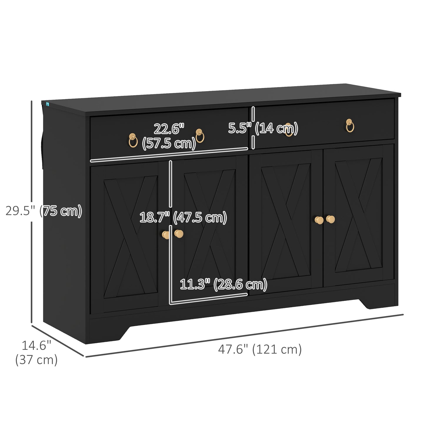 Buffet avec 2 tiroirs, 4 portes de grange et 2 étagères réglables, noir