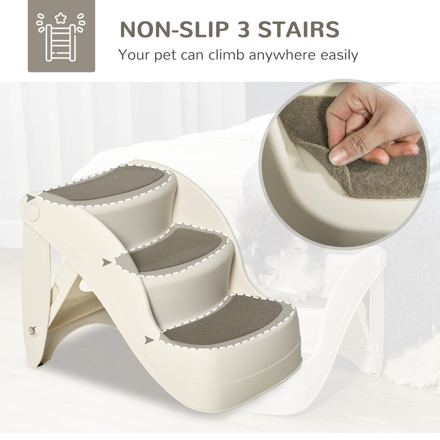 Escalier pliable portable pour petits chiens avec marches antidérapantes pour lits et canapés, couleur crème