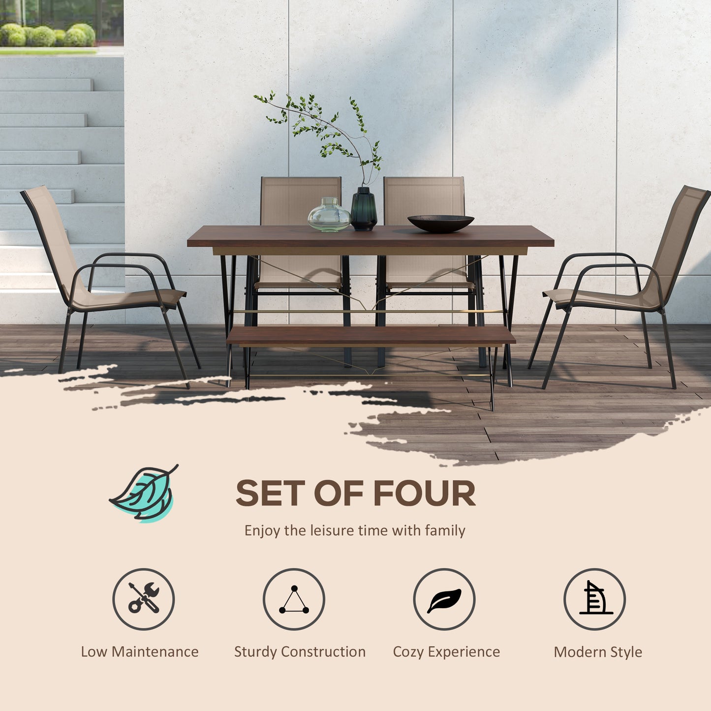 Outsunny Set of 4 Outdoor Dining Chairs, Sturdy Stackable Patio Chairs with Armrests for Balcony Garden, Grey