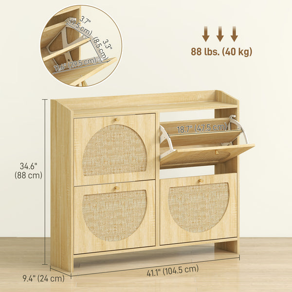 Meuble à chaussures 4 tiroirs rabattables avec portes en rotin et étagères réglables, capacité de 16 paires, couleur naturelle