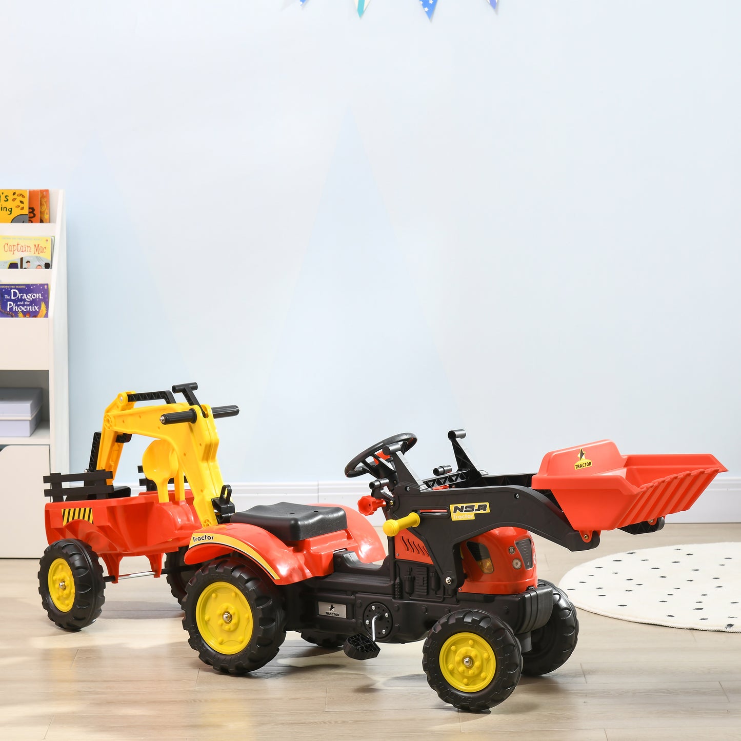 3 in 1 6-wheel excavator, bulldozer with controllable loading trailer and easy-to-use pedals
