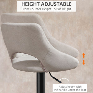 Set of 2 swivel and height-adjustable bar stools with linen upholstery and footrest, cream color