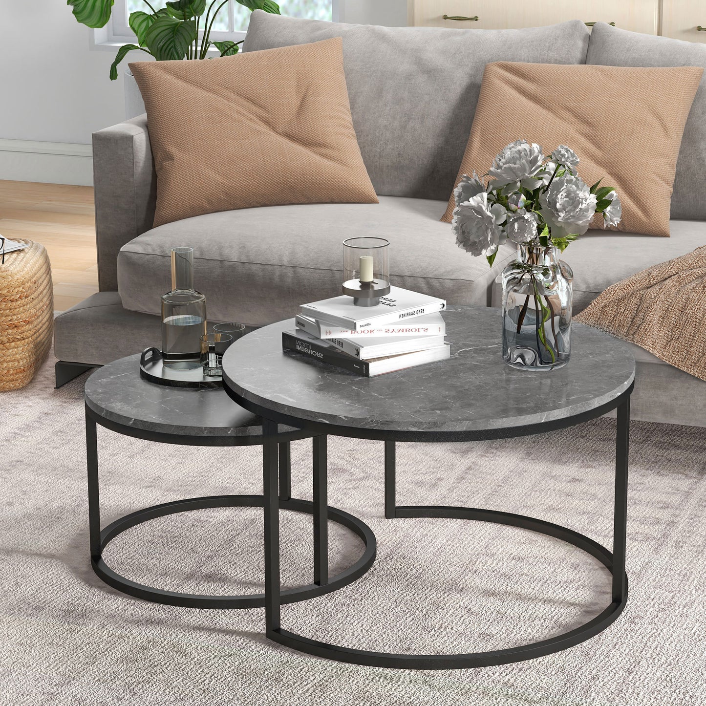 Lot de 2 tables basses modernes avec base en métal pour salon, imitation marbre gris