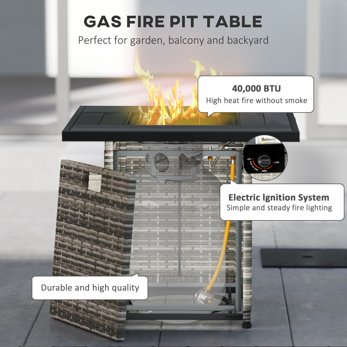 Outsunny 28" Propane Fire Pit Table, 40,000 BTU Rattan Gas Fire Pit Table with Rain Cover, Mesh Lid, Lava Rock, Grey Blend