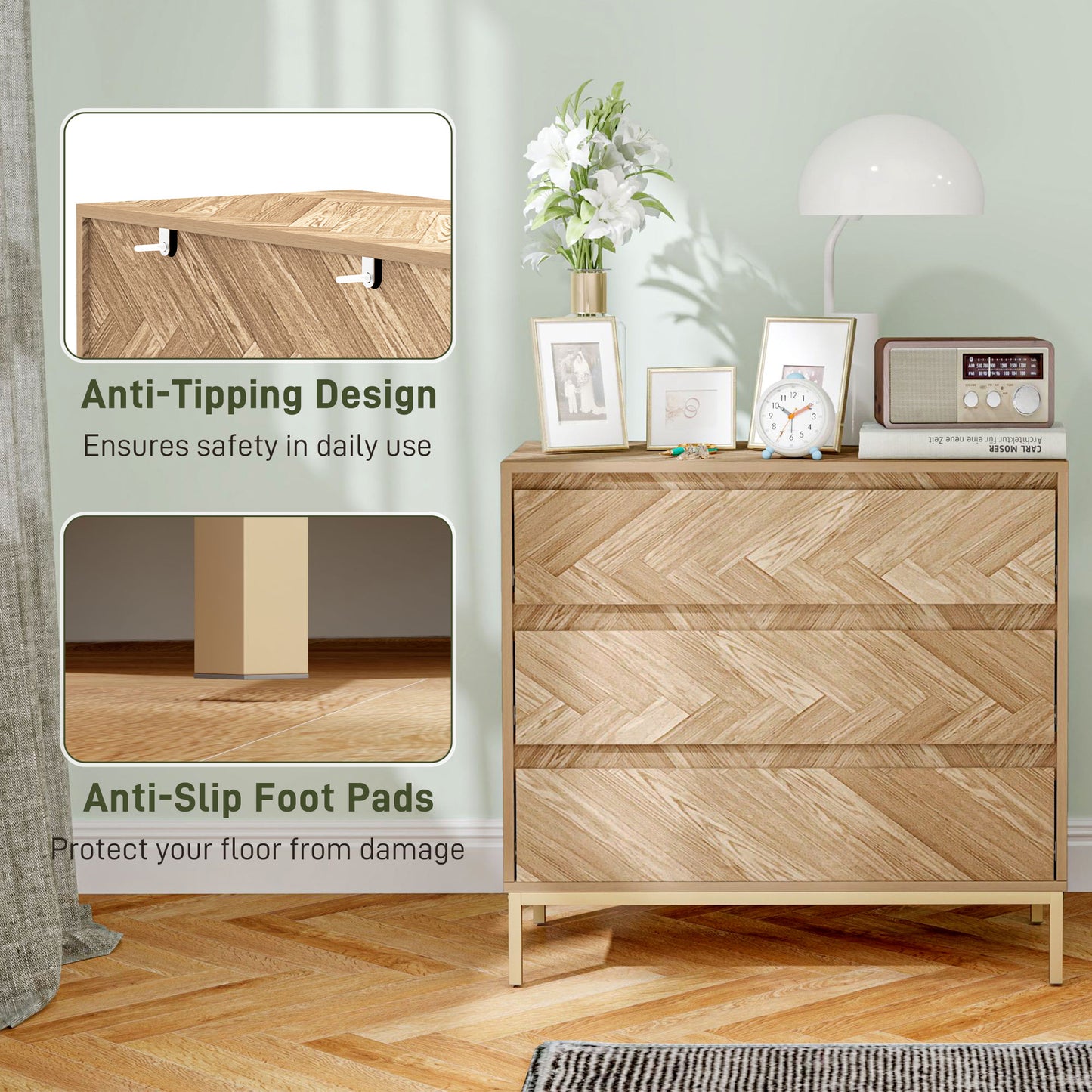 Commode de chambre avec système anti-basculement à 3 tiroirs pour salon, couloir, bois naturel
