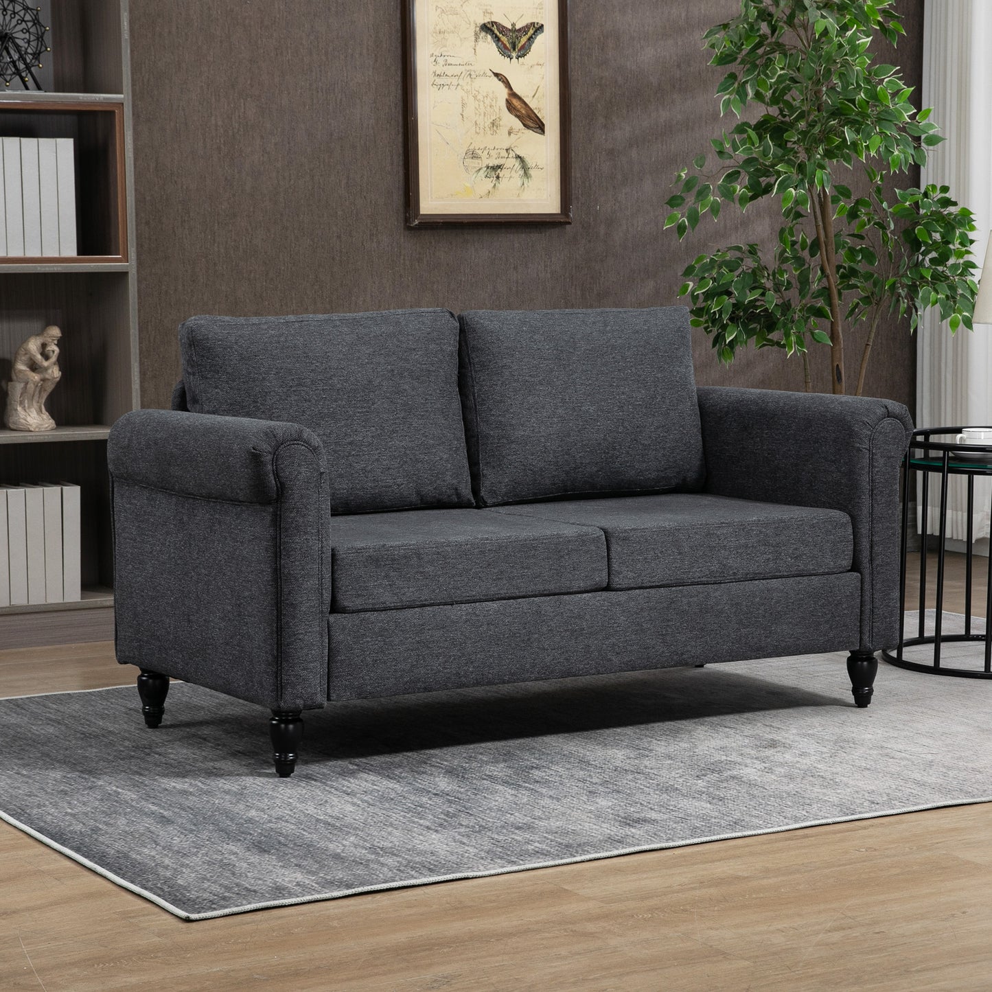 Vintage 2-seater upholstered sofa, chenille fabric, rolled armrests, rubberwood legs, dark grey