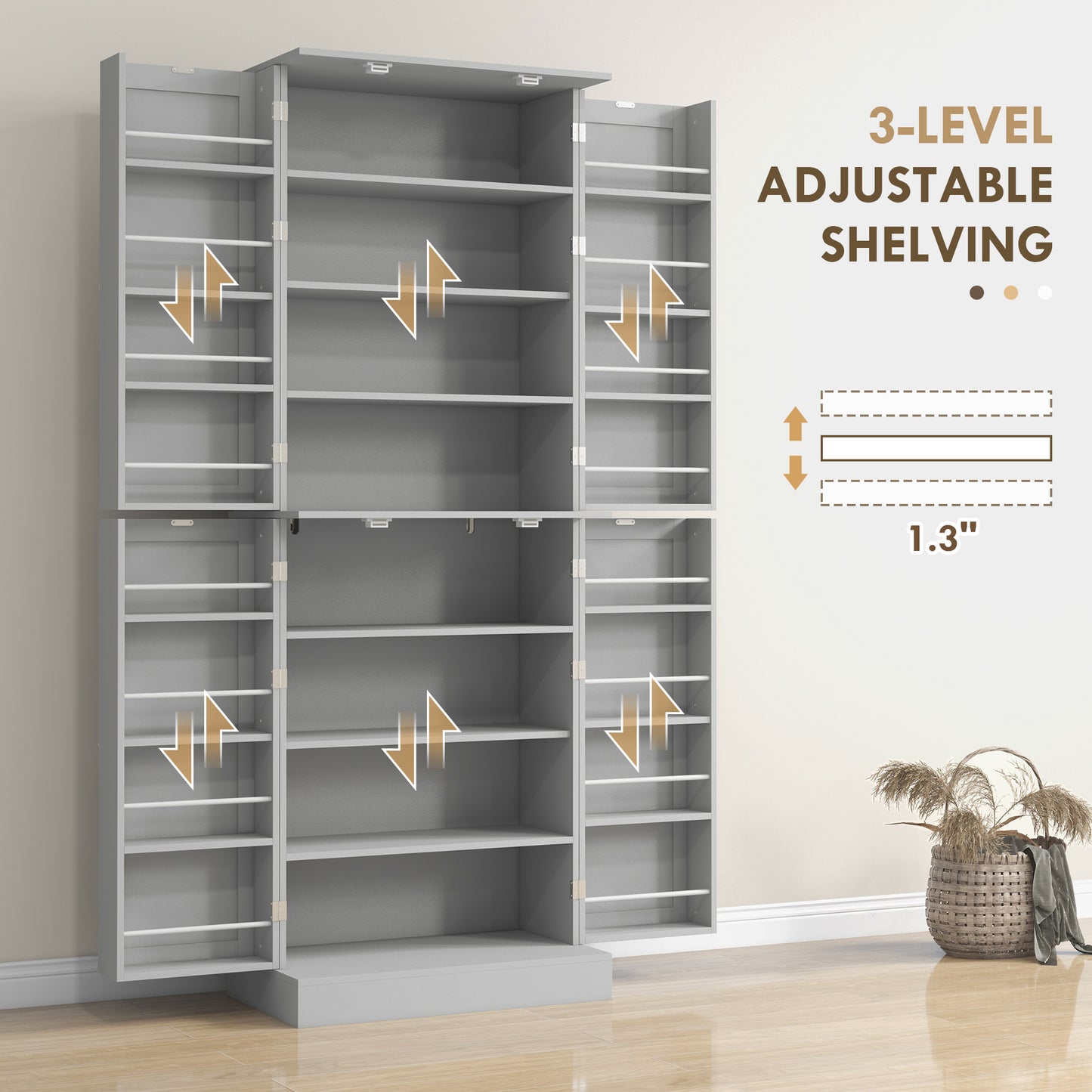 65-inch Kitchen Cabinet, Pantry with 4 Doors and 16 Shelves for Dining Room, Gray