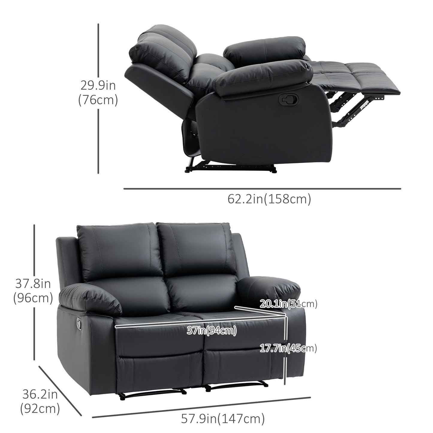 Canapé double inclinable manuel en cuir avec repose-pieds à commande rétractable pour salon, noir
