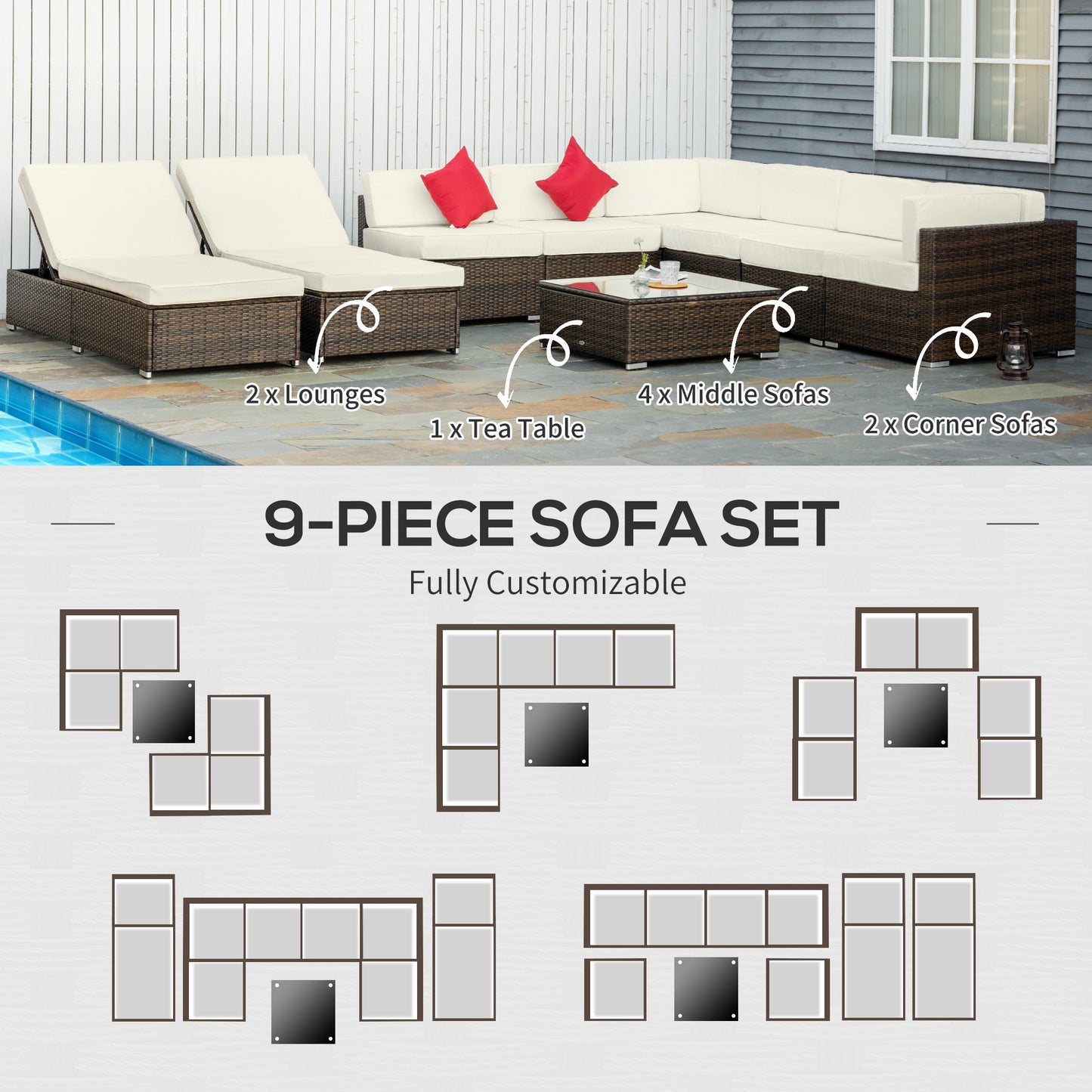 Ensemble de meubles de jardin 9 pièces en osier avec coussin, blanc crème