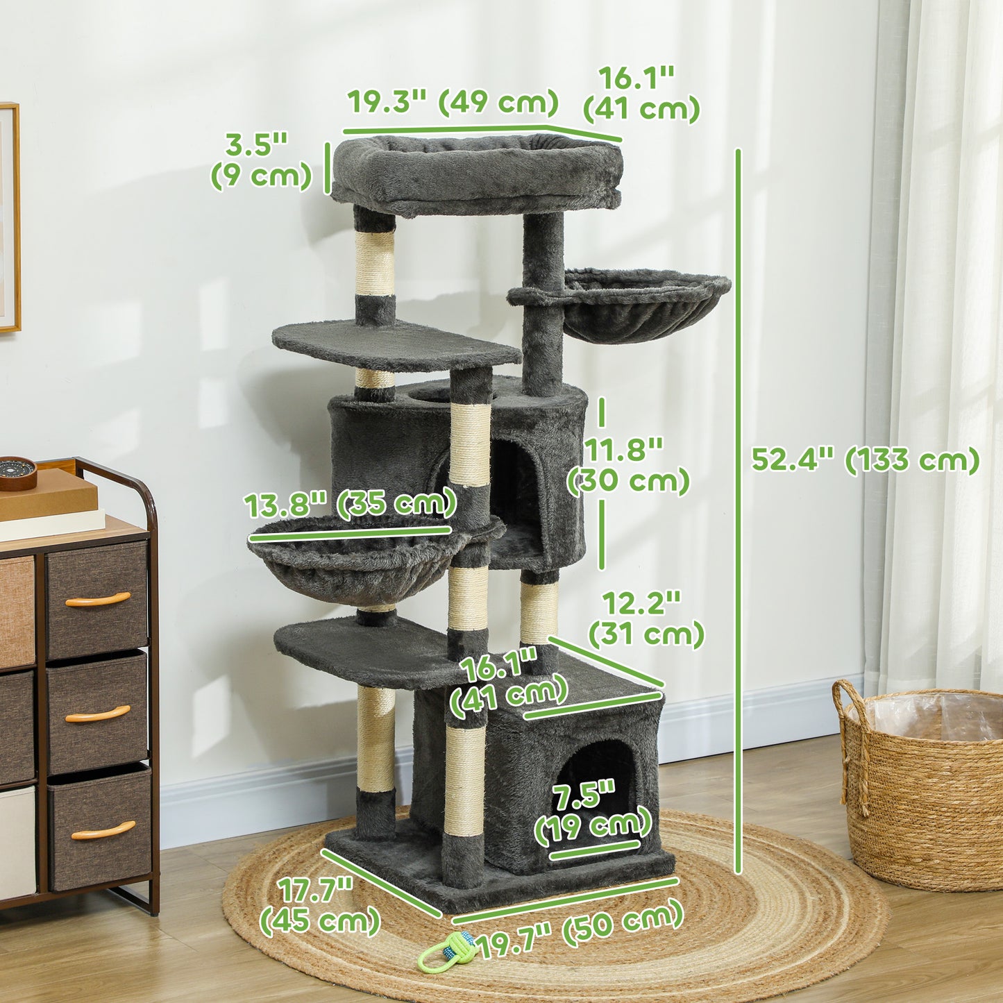 Arbre à chat avec griffoirs, lit, plateformes et hamacs, pour chats d'intérieur, gris foncé