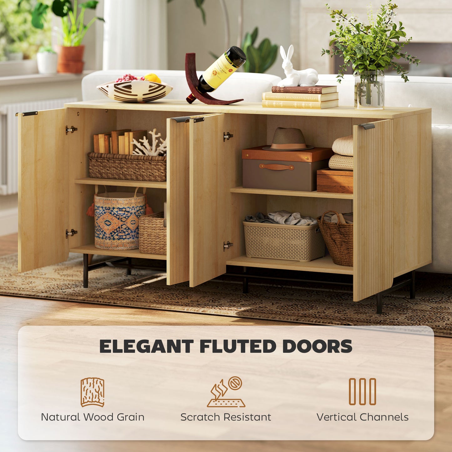 HOMCOM 55 Inch Modern Sideboard, Fluted Buffet Cabinet with Adjustable Shelves, 5 Metal Legs for Kitchen and Living Room, Natural Wood