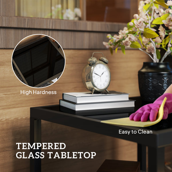 Table basse d'extérieur avec plateau en verre trempé et étagère de rangement pour terrasse, jardin et balcon, noire